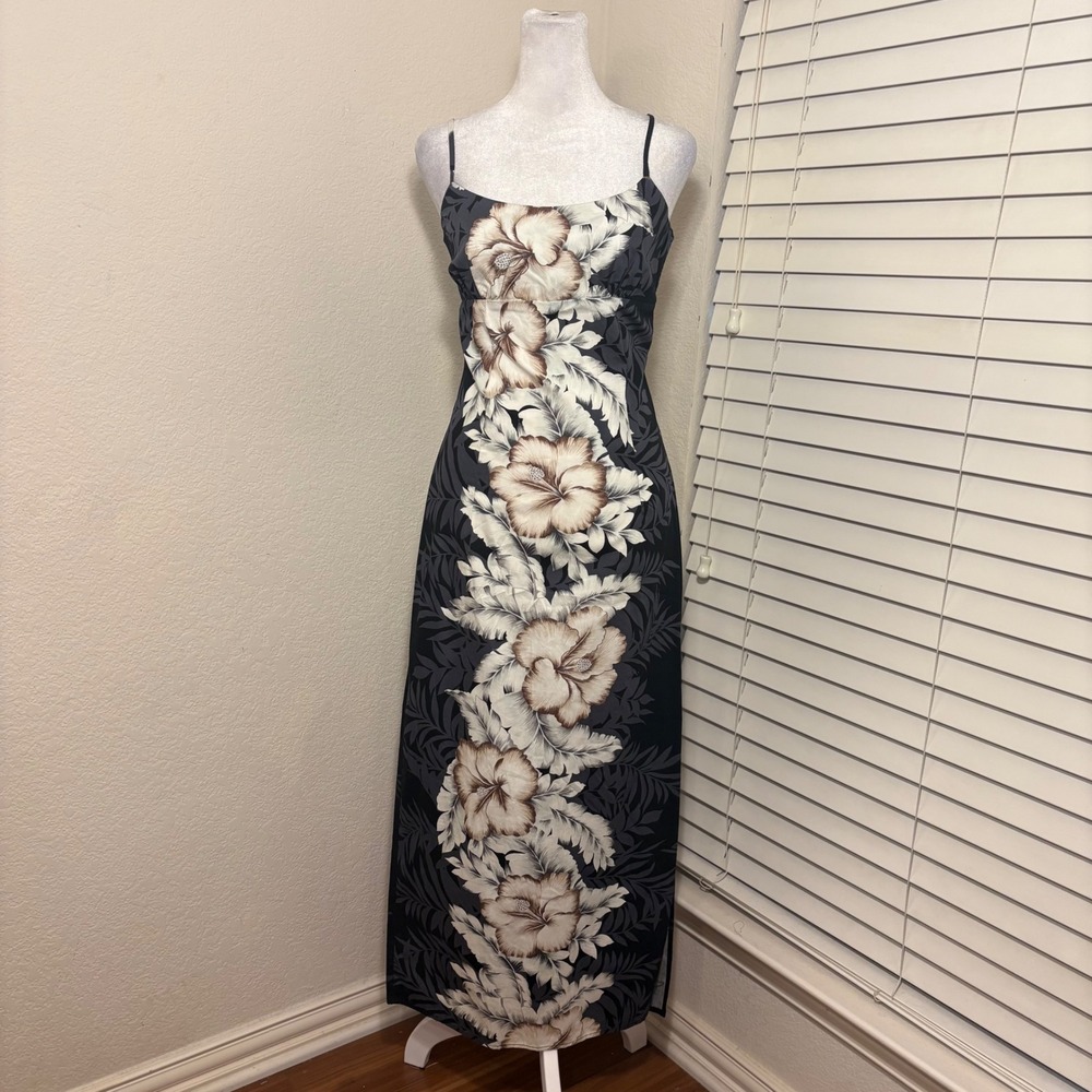 Vtg Royal Creations 100% Cotton Hawaiian Maxi Dress Black Gray Tropical Hibiscus
